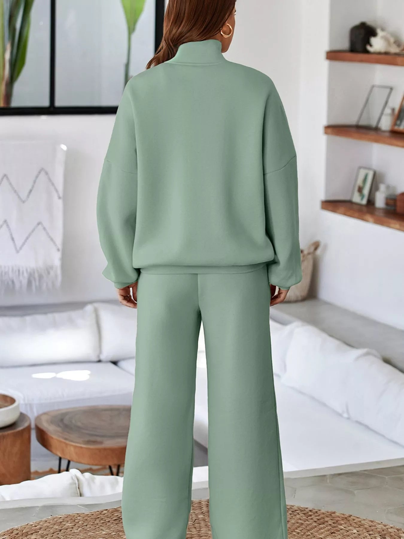 Drop Shoulder Zip Up Jacket and Drawstring Pants Active 2pcs Set