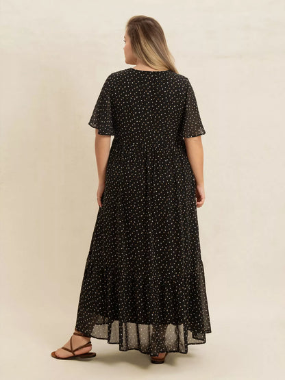 Plus Size Printed V-Neck Flutter Sleeve Maxi Dress