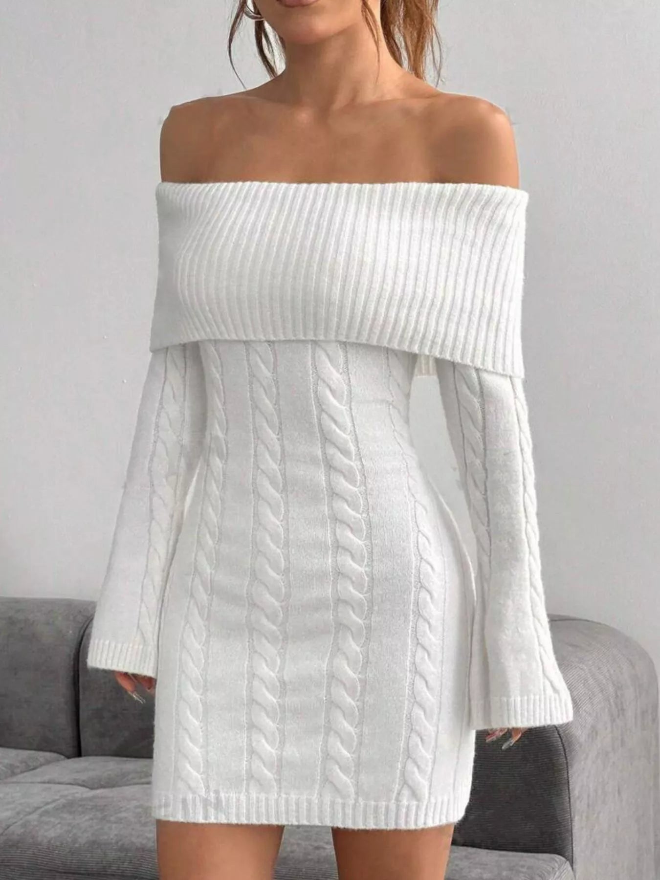 Off-Shoulder Cable Knit Bodycon Sweater Dress