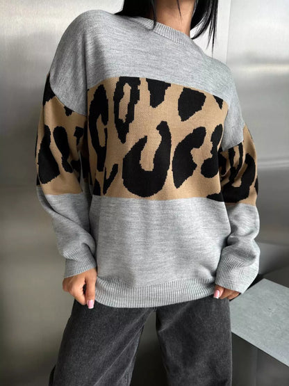 Leopard Color Block Round Neck Sweater Gray