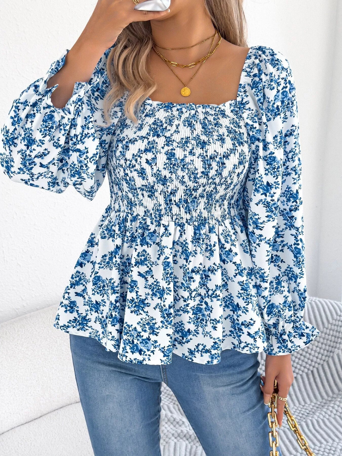 Full Size Floral Print Smocked Long Sleeve Blouse Plus Size Blue