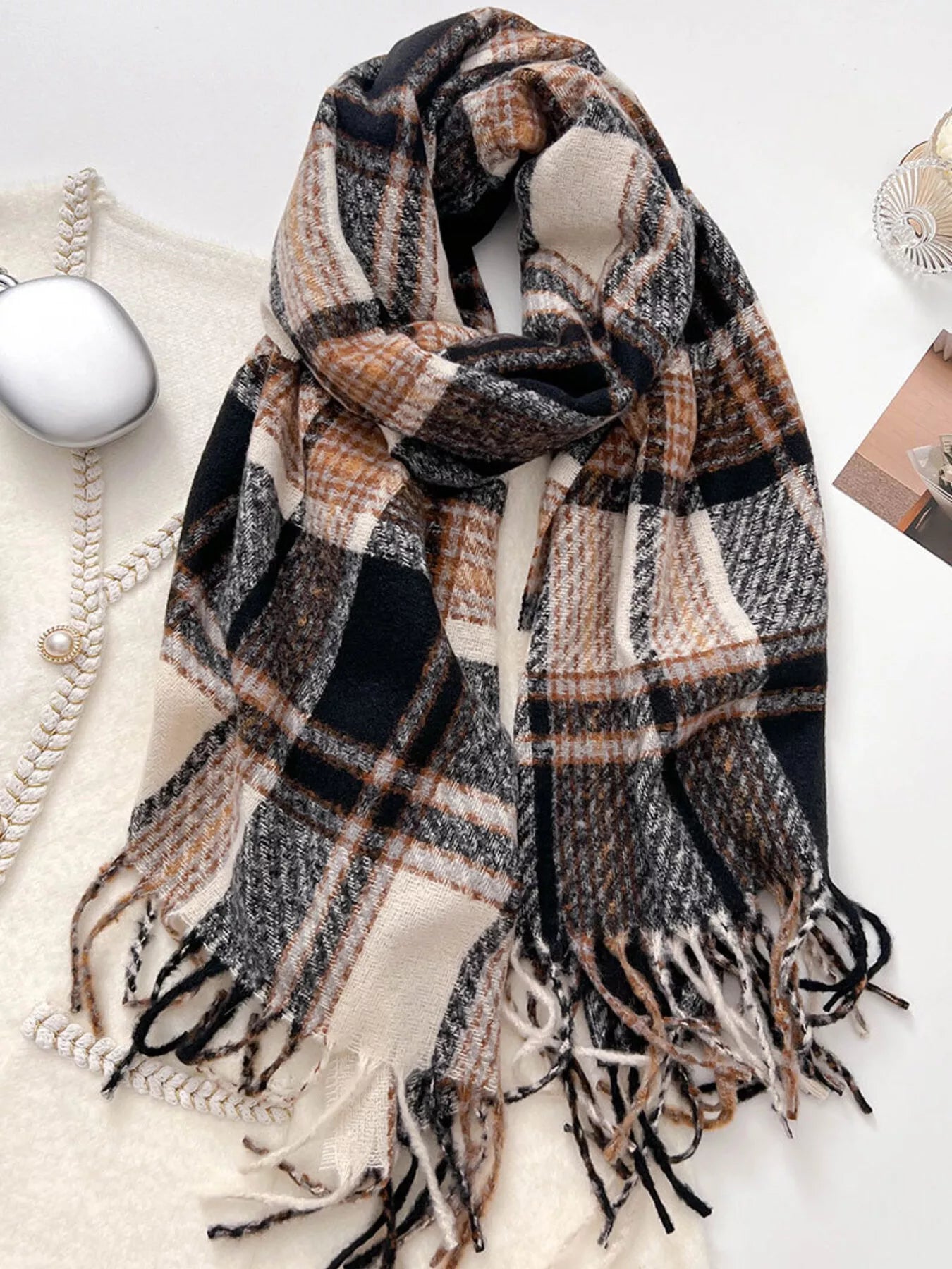 Warm Plaid Winter Scarf Khaki One Size