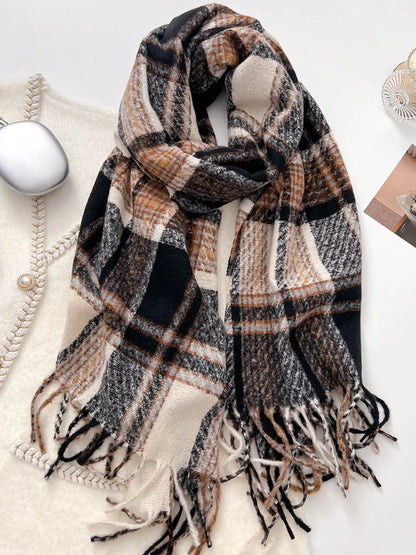 Warm Plaid Winter Scarf Khaki One Size