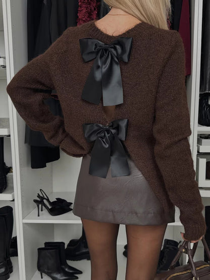 Back To School Sweater - Bow Slit Back Round Neck Sweater Coffee Brown