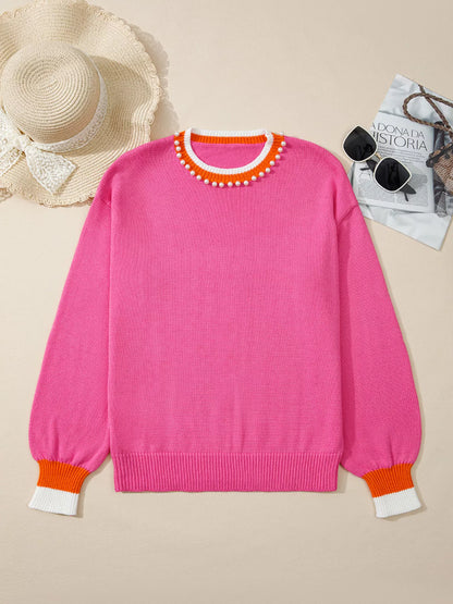 Contrast Crew Neck Pearled Decor Drop Shoulder Knit Sweater