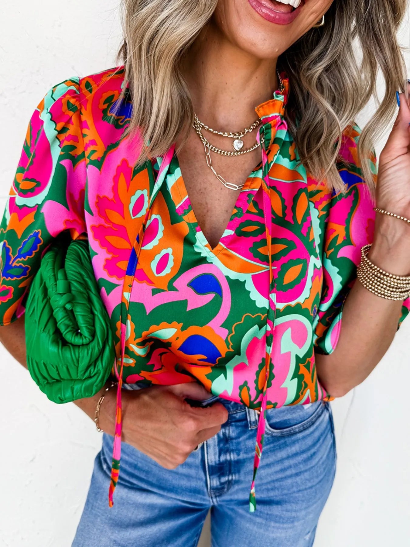 Tropical Print Short Sleeve Tie Neck Blouse