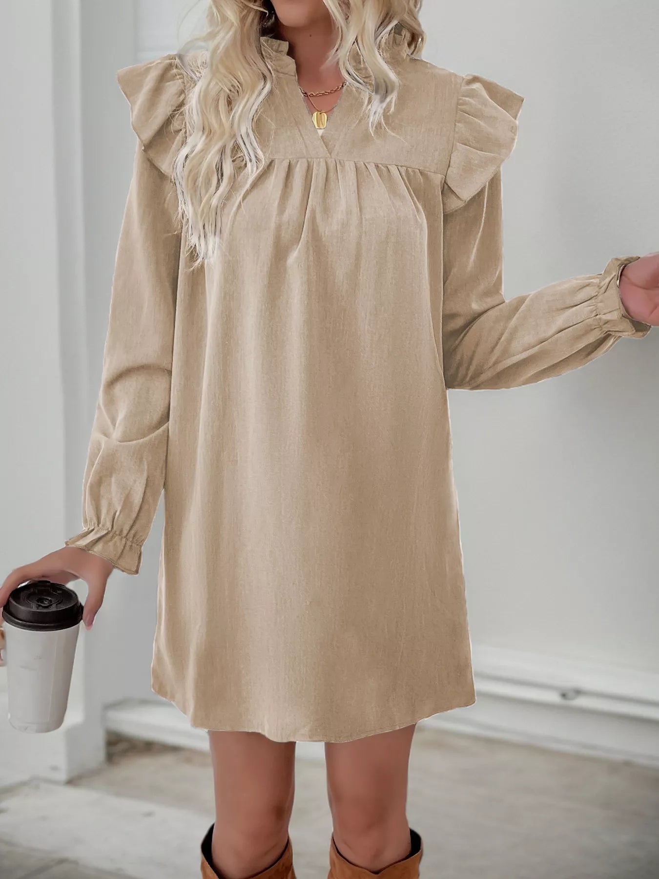 Ruffled Notched Long Sleeve Dress