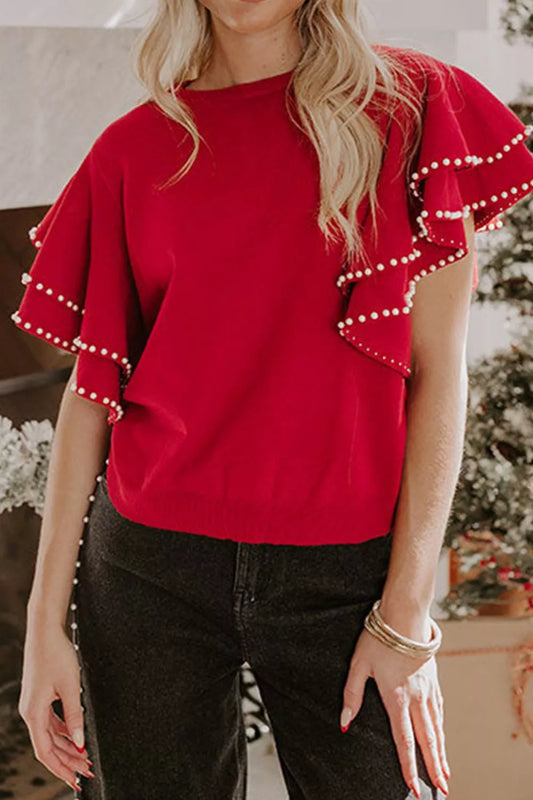 Ruffle Sleeve Pearl Embellished Knit Top
