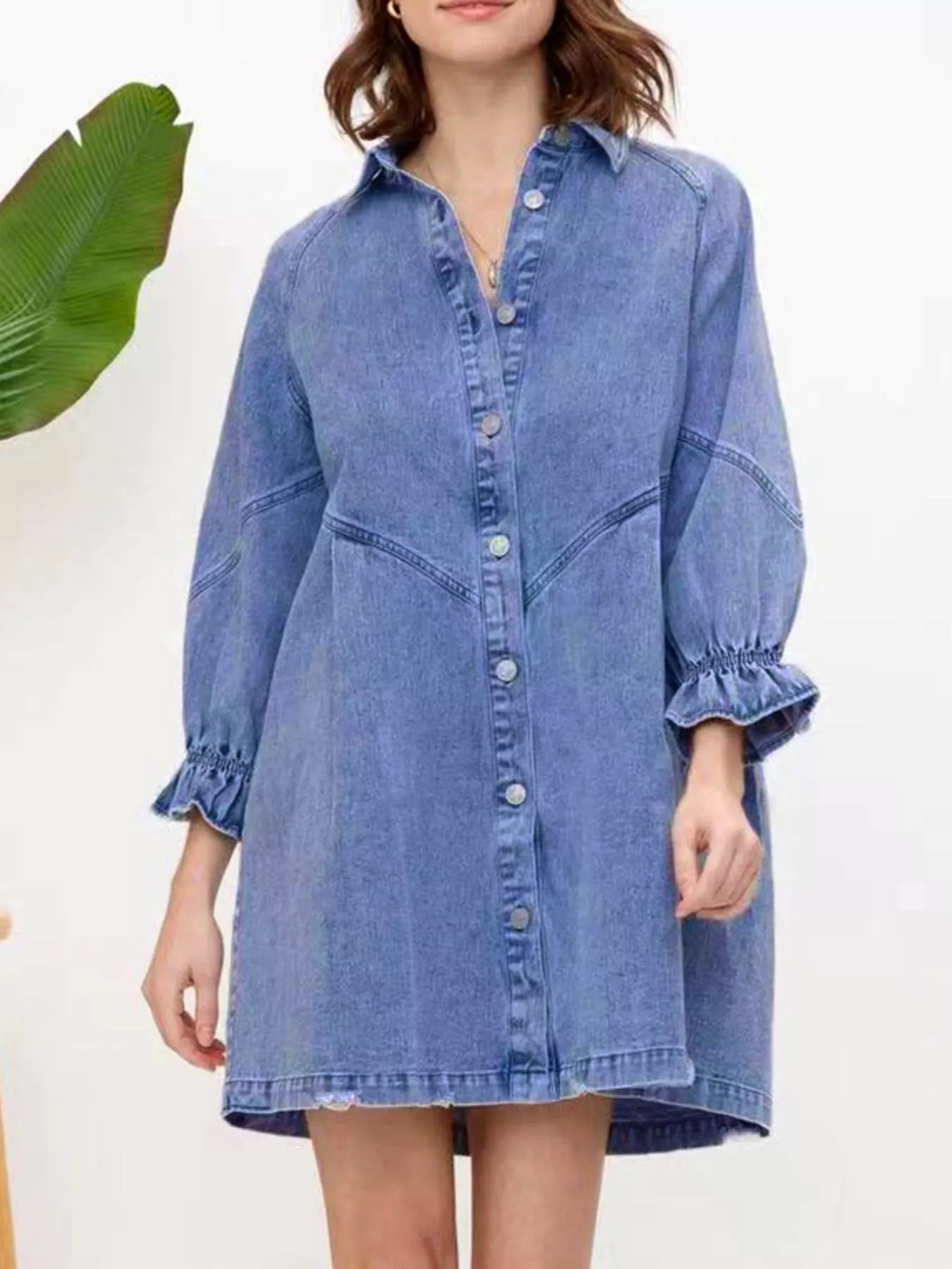 Ruffled Cuff Button-Down Denim Dress
