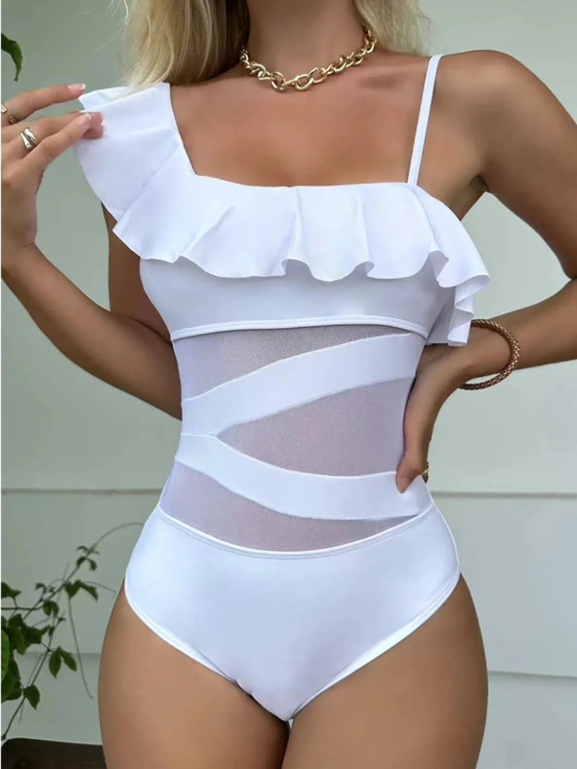 Asymmetrical Ruffled One-Piece Swimwear White