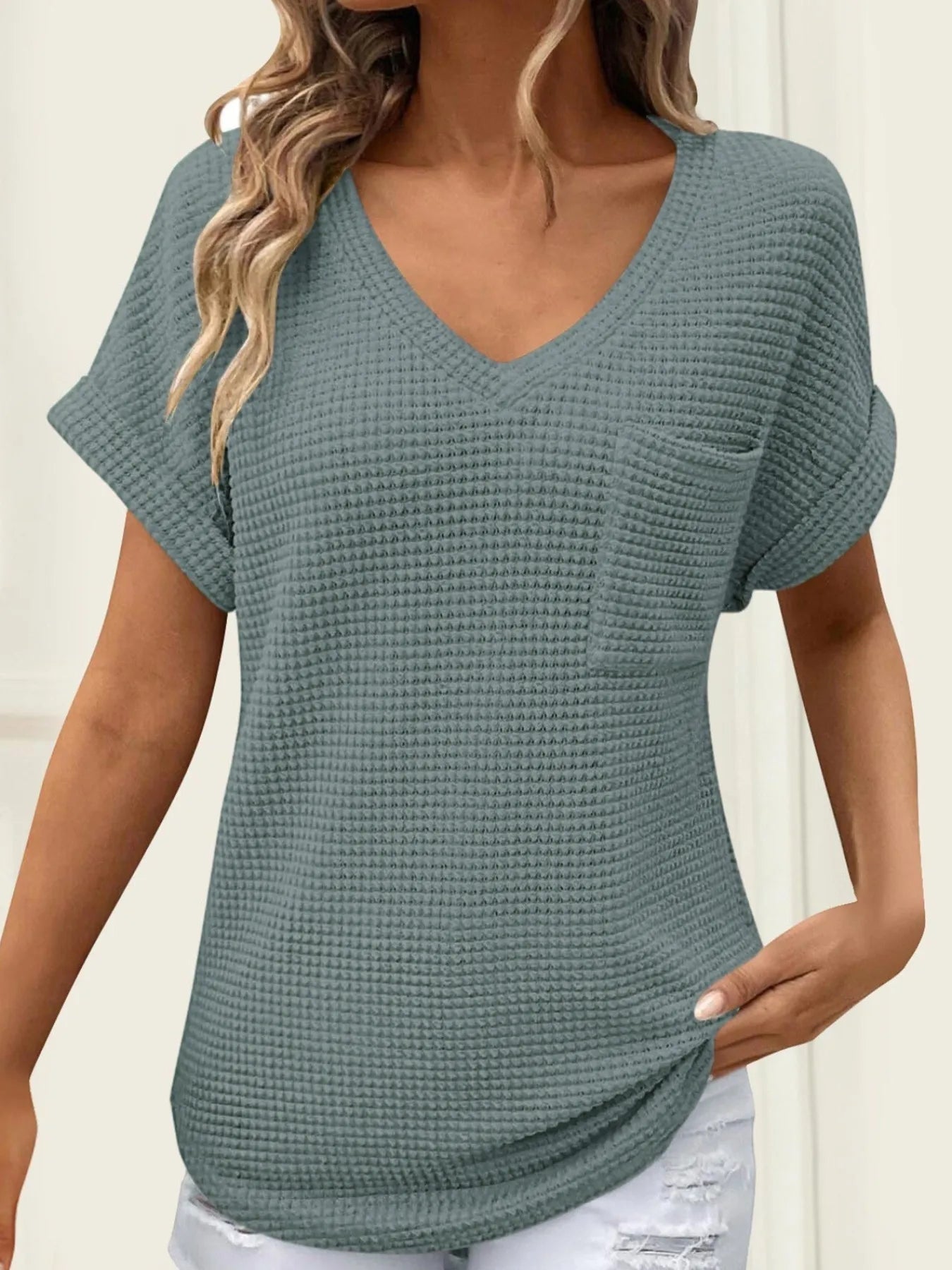 Waffle Knit V-Neck Casual T-Shirt Air Force Blue