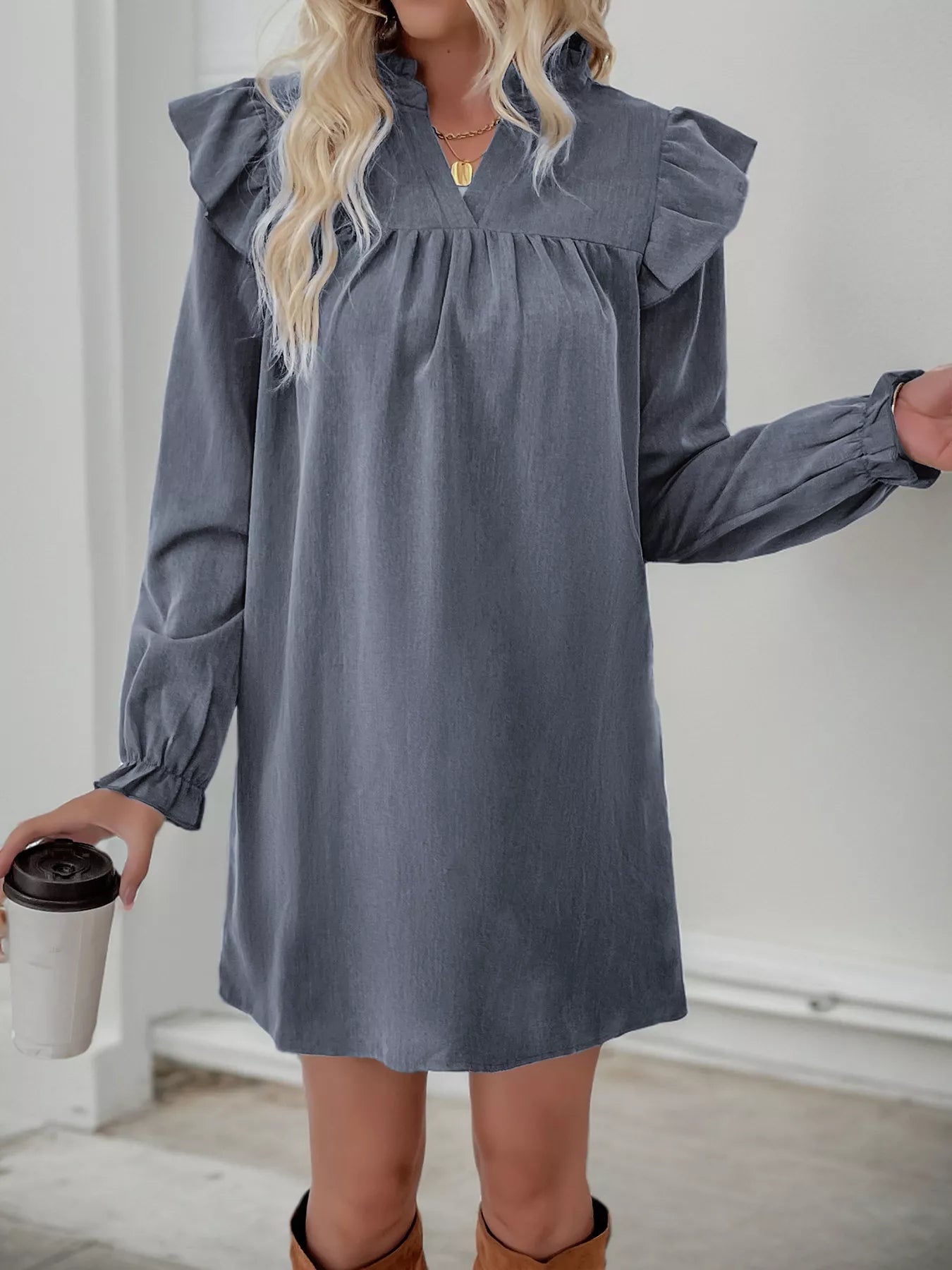 Ruffled Notched Long Sleeve Dress