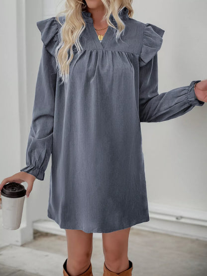 Ruffled Notched Long Sleeve Dress
