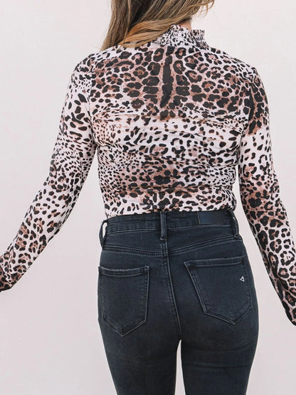 Leopard Print Long Sleeve Mock Neck Bodysuit