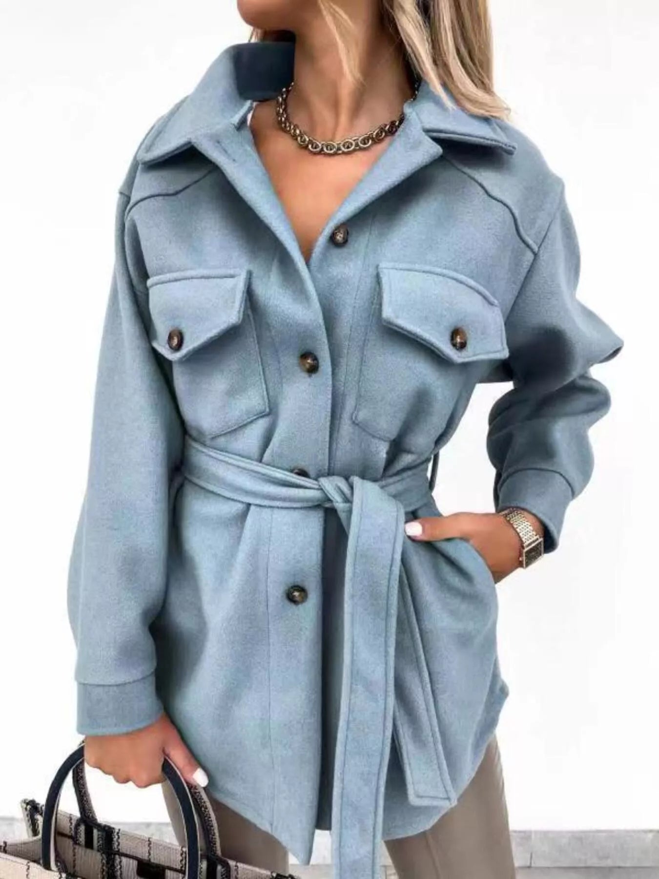 Button-Down Tie Waist Coat Haze Blue