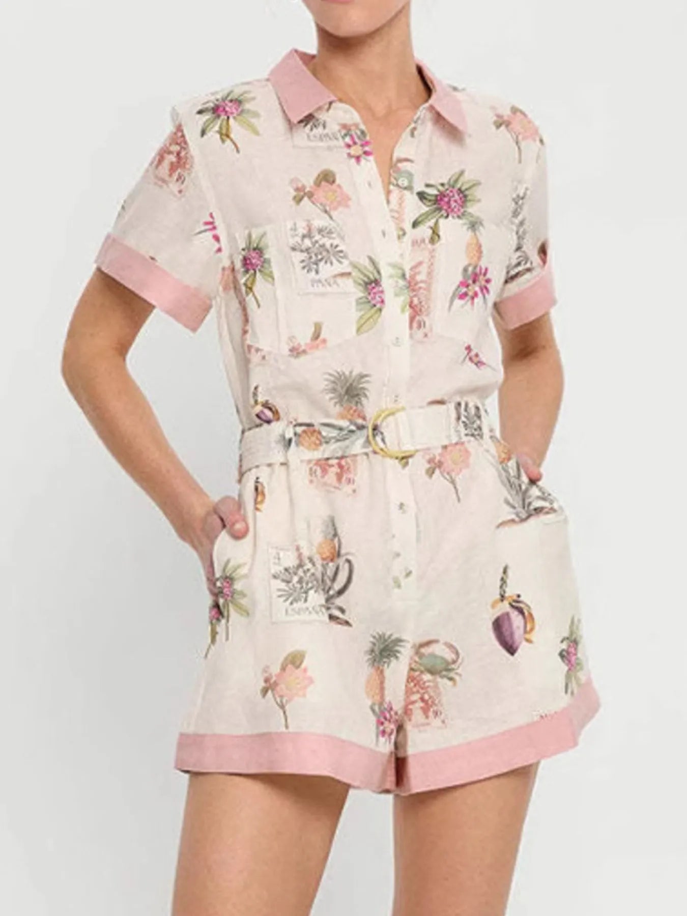 Printed Short Sleeve Romper with Belt
