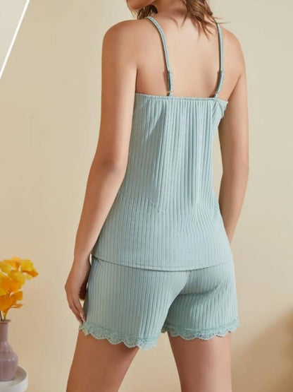 Lace-Trimmed Ribbed Cami and Shorts Lounge Set