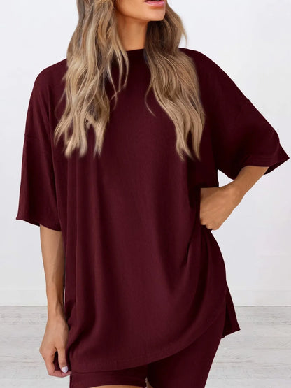 Full Size Oversized Slit Round Neck Top and Shorts Lounge Set Plus Size Burgundy