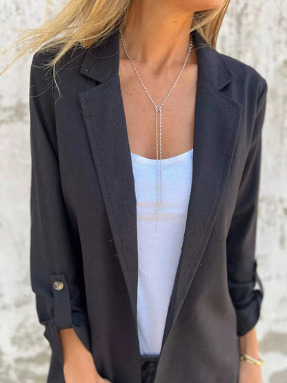 Full Size Lapel Collar Long Sleeve Blazer Plus Size Black