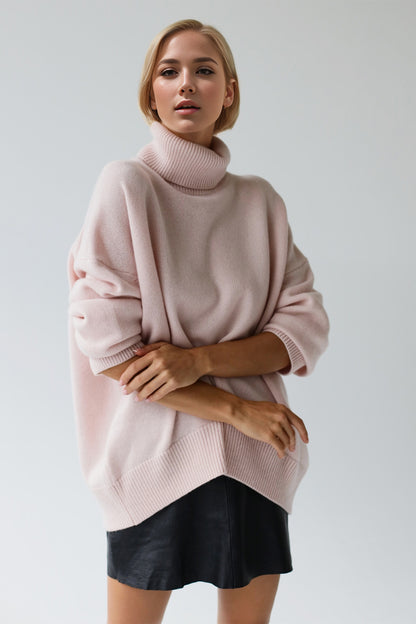 Back To School Sweater - Basic Bae Turtleneck Dropped Shoulder Long Sleeve Sweater Blush Pink One Size