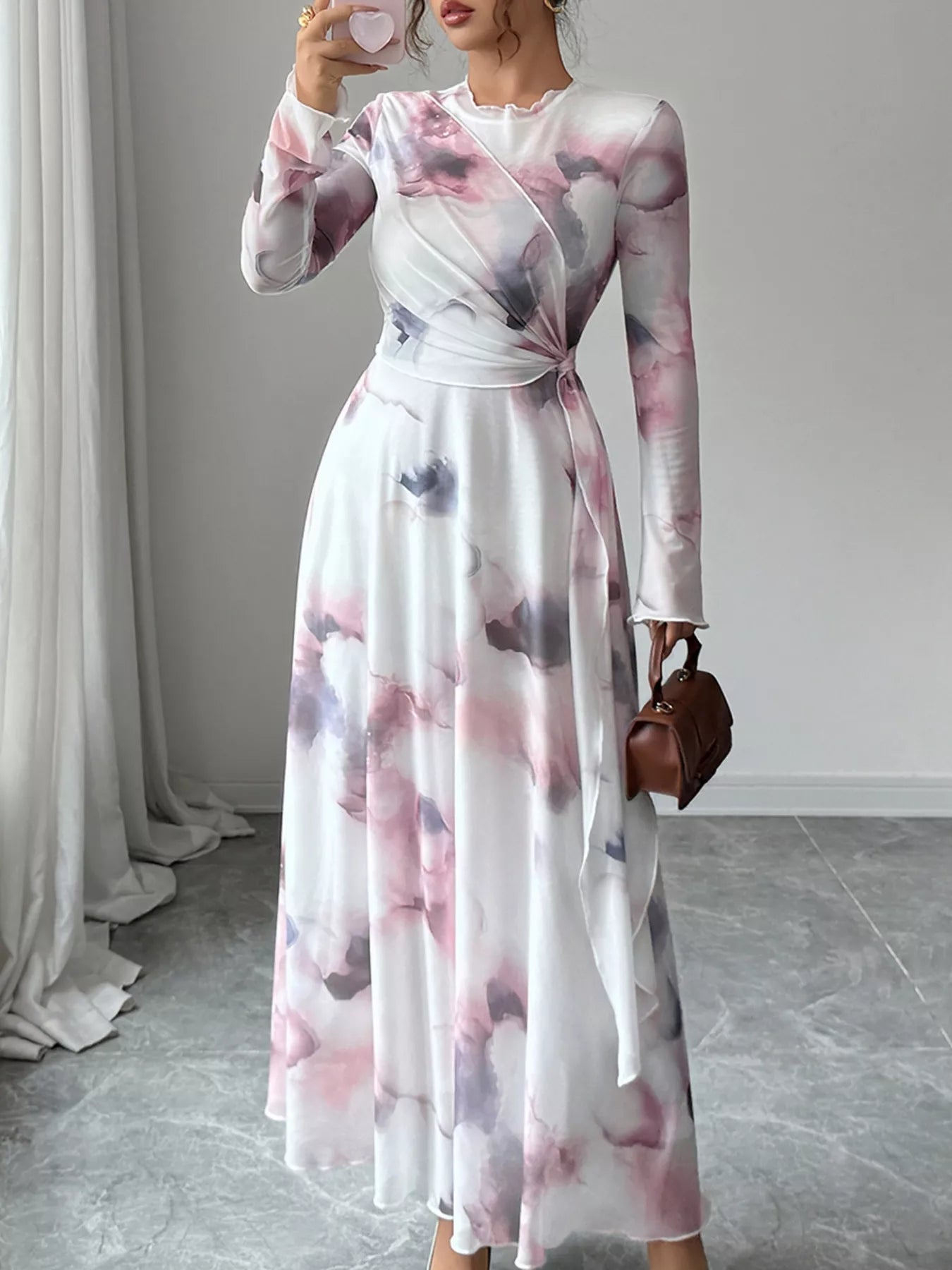 Tie-Dye Long Sleeve Maxi Dress White