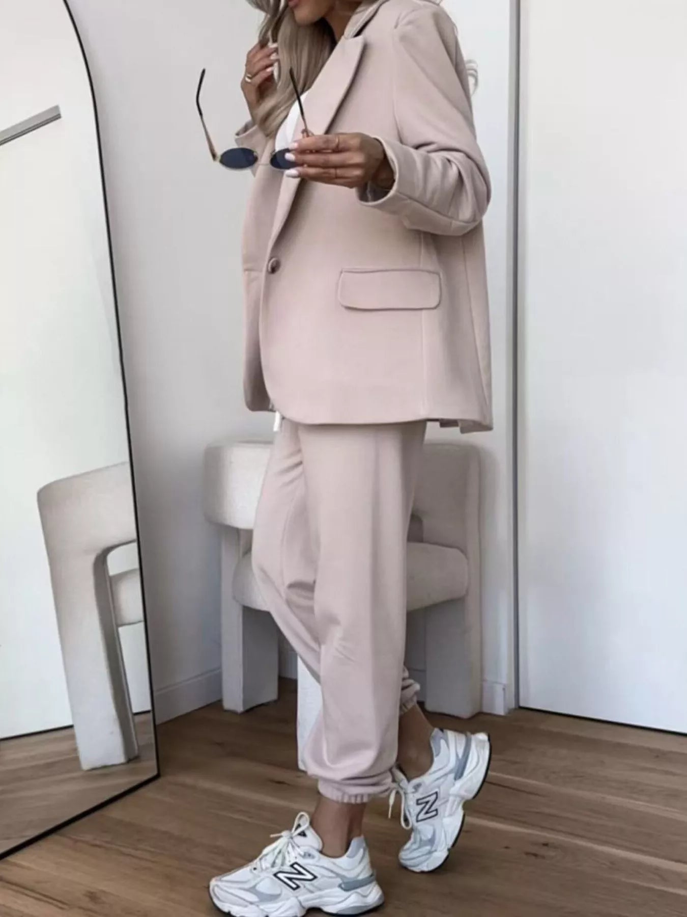 Lapel Collar One Button Blazer and Joggers Set