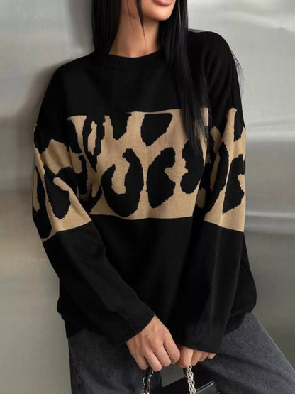 Leopard Color Block Round Neck Sweater Black