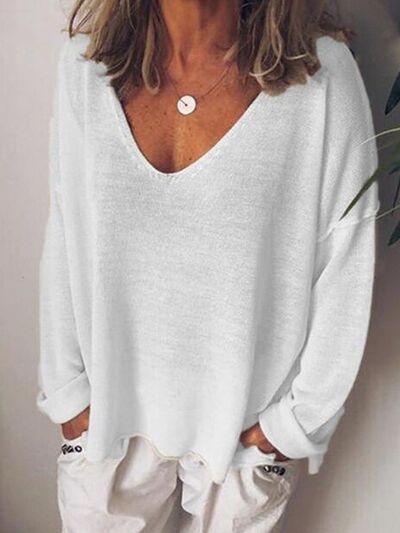 Full Size V-Neck Drop Shoulder Long Sleeve T-Shirt Plus Size White