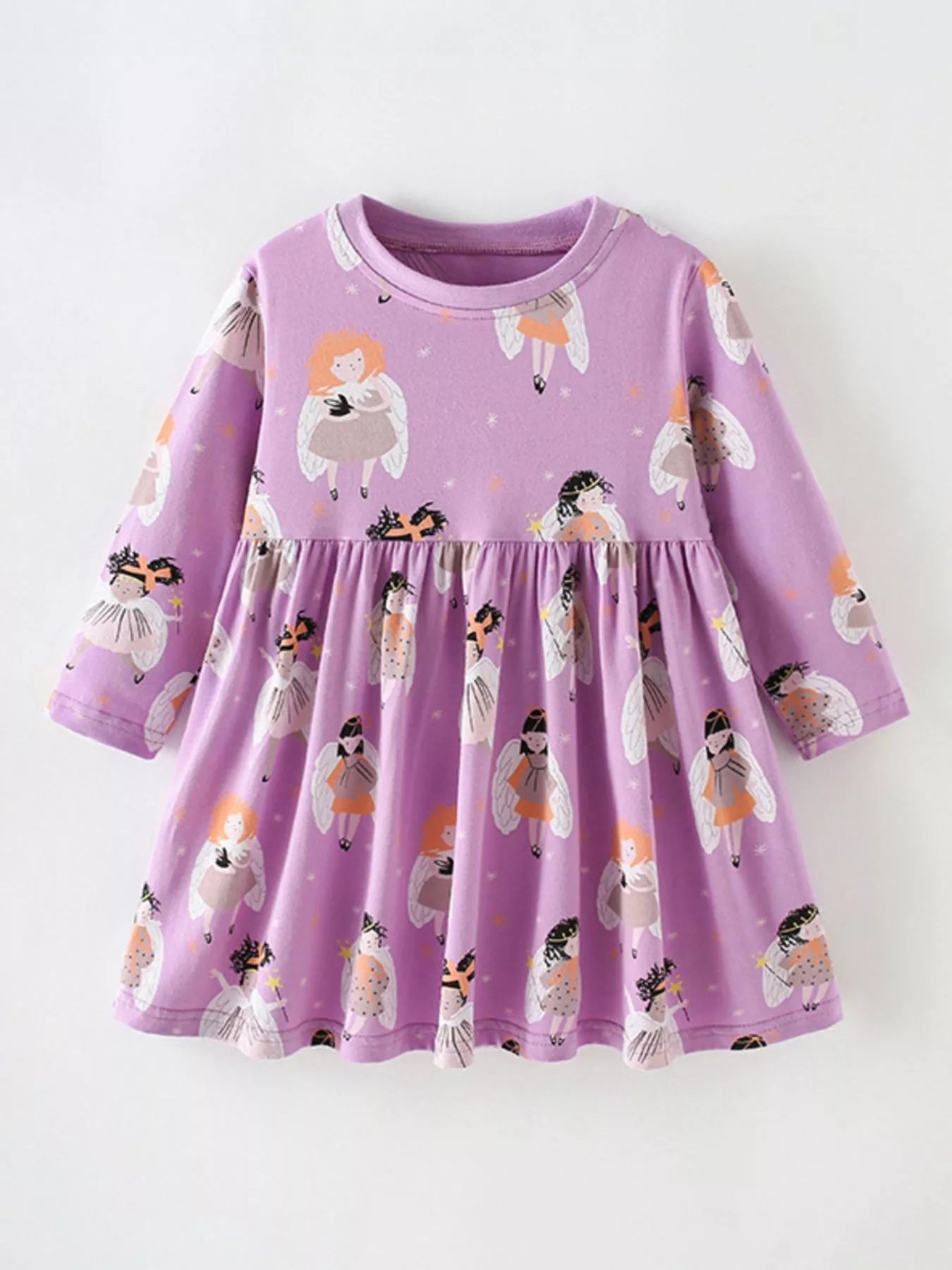 Children's Angel Print Long Sleeve Casual Dress Lavender