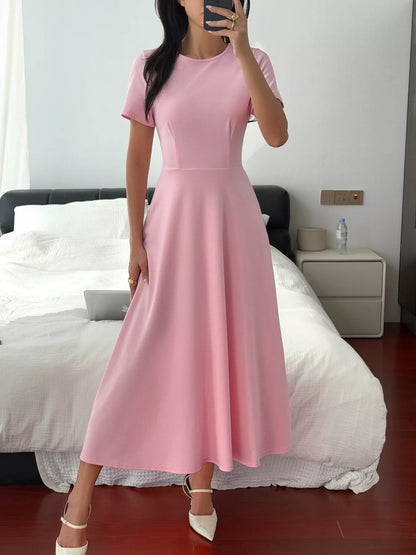 Round Neck Short Sleeve A-Line Dress Pink
