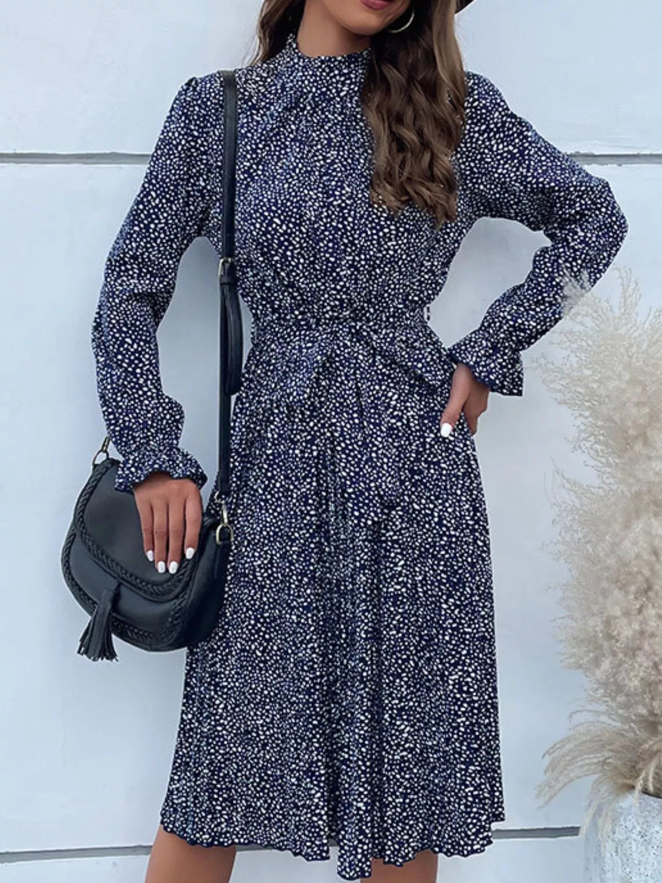 Animal Print Mock Neck Flounce Sleeve Dress Dark Blue