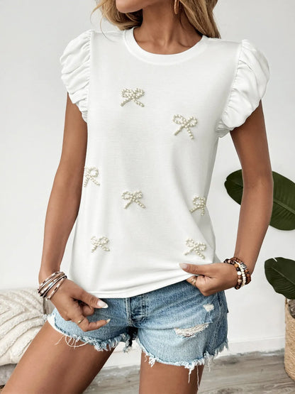 Pearl Bow Puff Sleeve T-Shirt White
