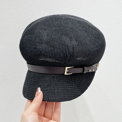 Straw Woven Buckle Hat Black One Size