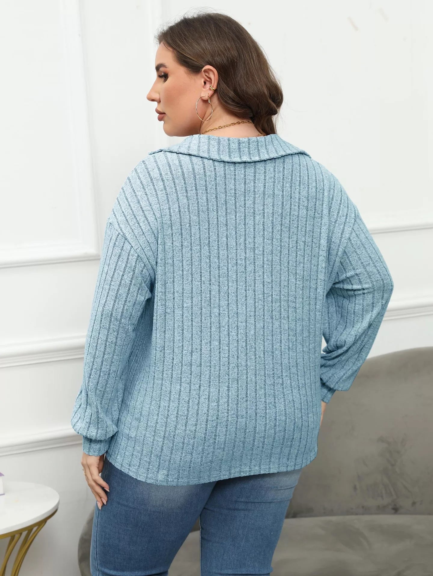 Plus Size Ribbed Knit Polo Collar T-Shirt