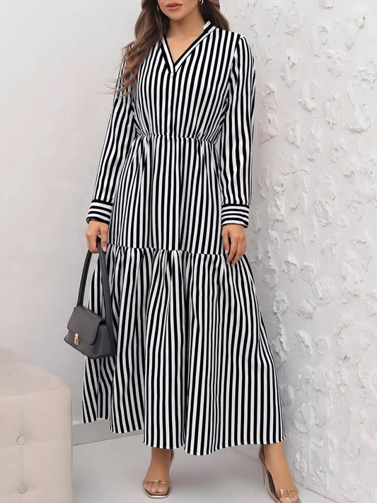 Striped Notched Long Sleeve Midi Dress