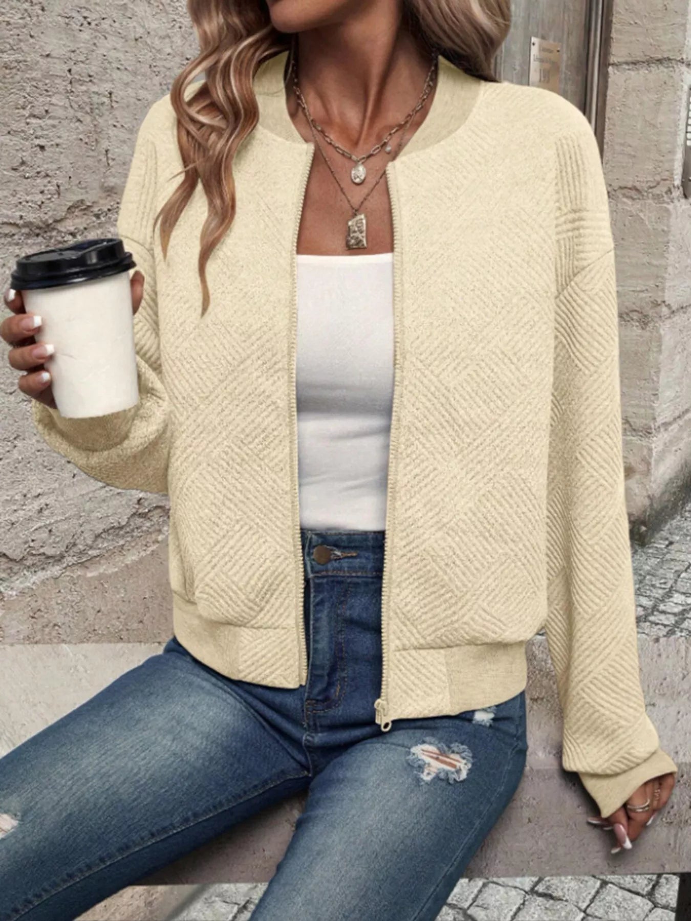 Textured Knit Zip-Up Bomber Jacket