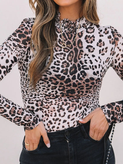 Leopard Print Long Sleeve Mock Neck Bodysuit