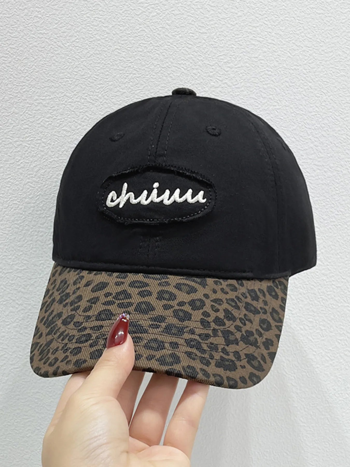 Leopard Print Baseball Cap with Embroidered Letter Black One Size