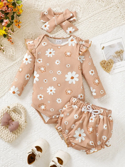 Children's Ruffled Floral Bodysuit and Bloomer, Headband Set Apricot