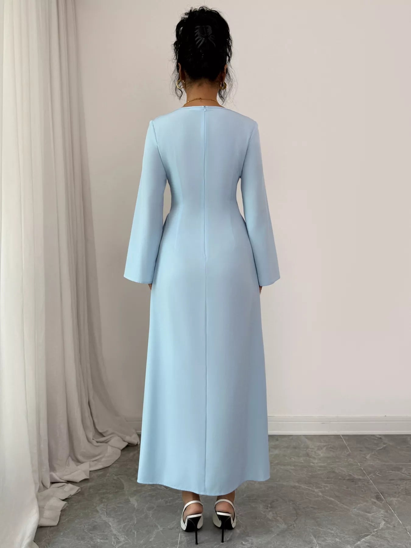 Lace Up Square Neck Long Sleeve Maxi Dress