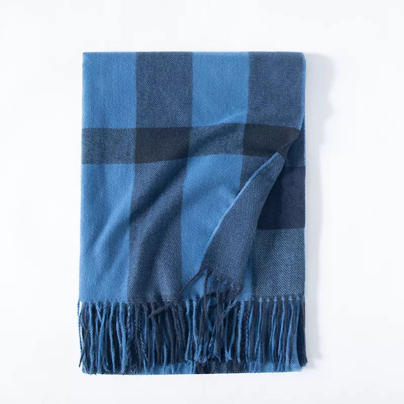 Plaid Tassel Scarf Blue One Size
