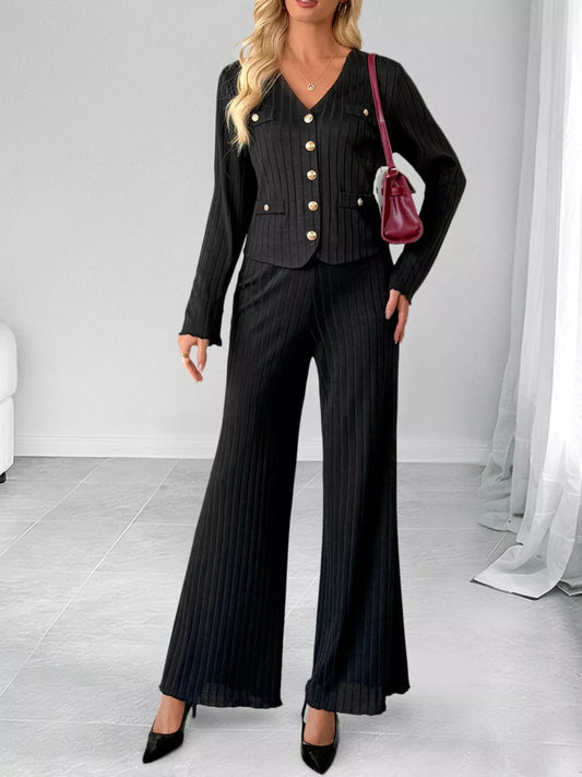 Ribbed Knit Cardigan & Wide Leg Pants Set Black