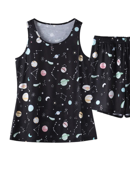 Printed Round Neck Top and Shorts Lounge Set