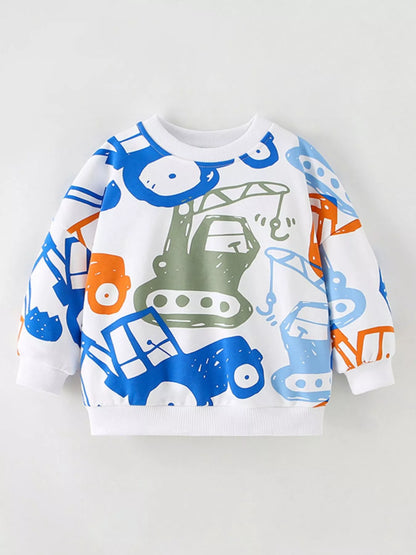 Children's Cartoon Vehicle Print Crew Neck Sweatshirt White