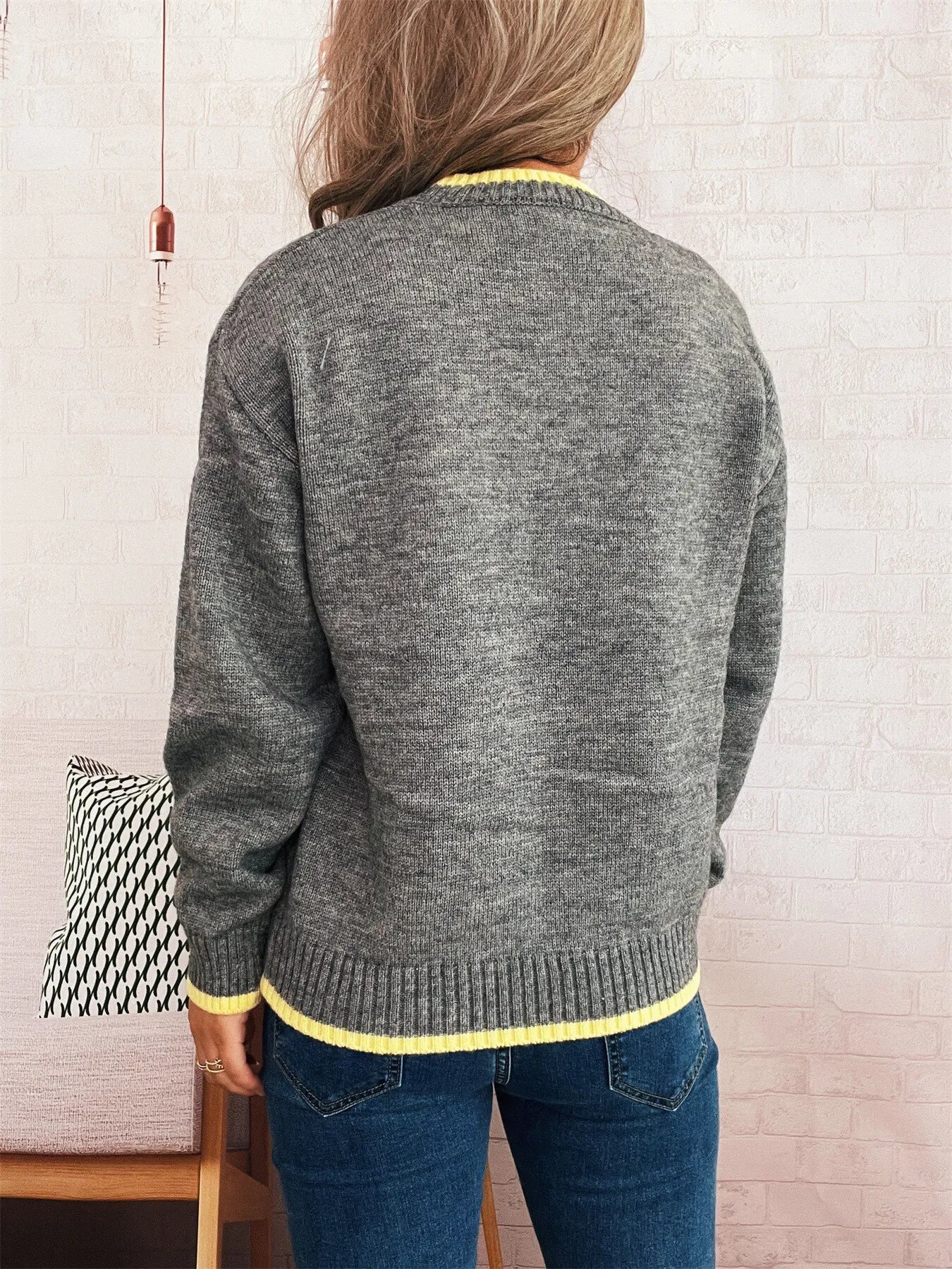 Ribbed Contrast Trim Long Sleeve Sweater Royal Blue One Size