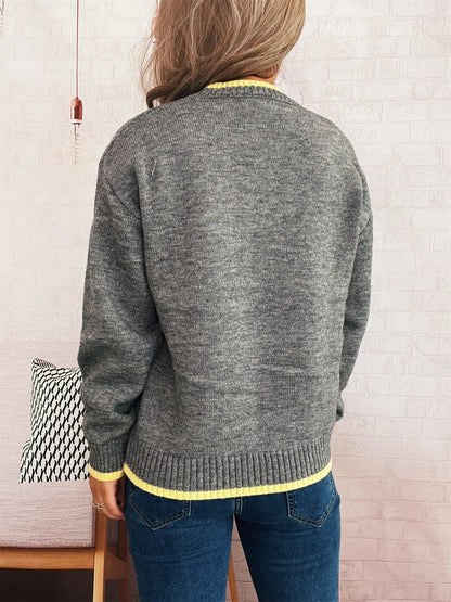 Ribbed Contrast Trim Long Sleeve Sweater Royal Blue One Size