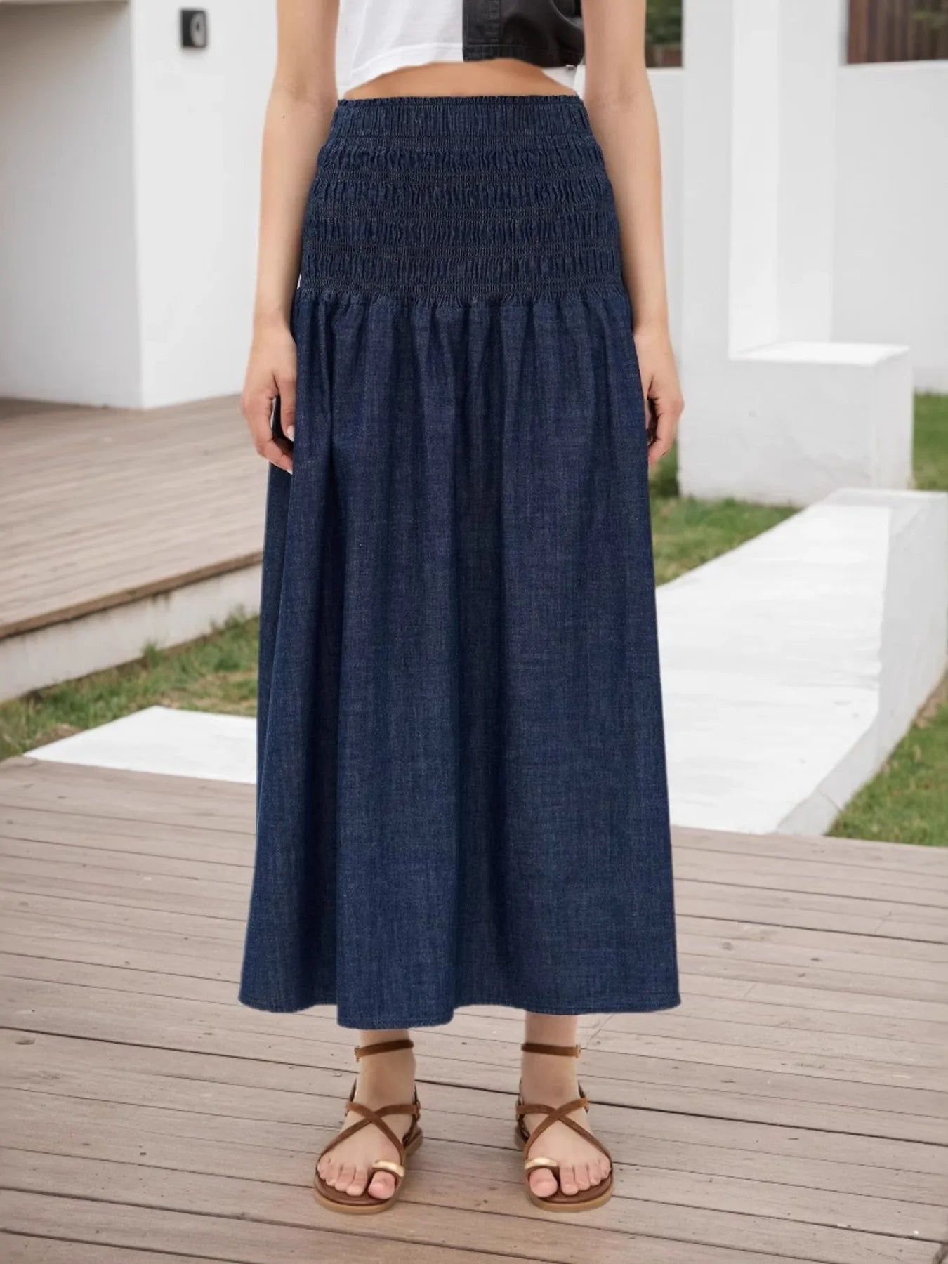 Elastic Waist Midi Skirt Dark Blue