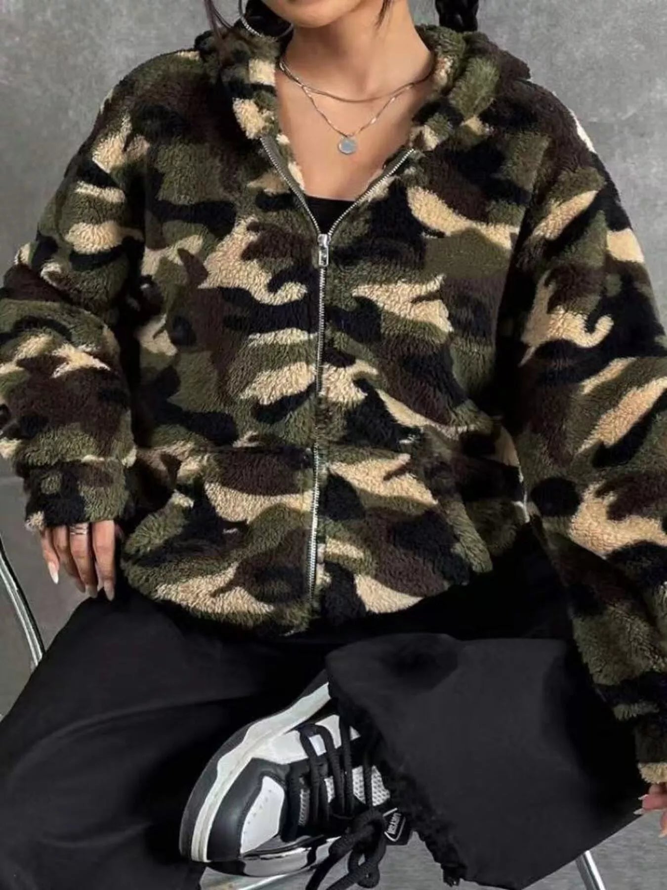 Camo Print Fuzzy Zip Up Outerwear