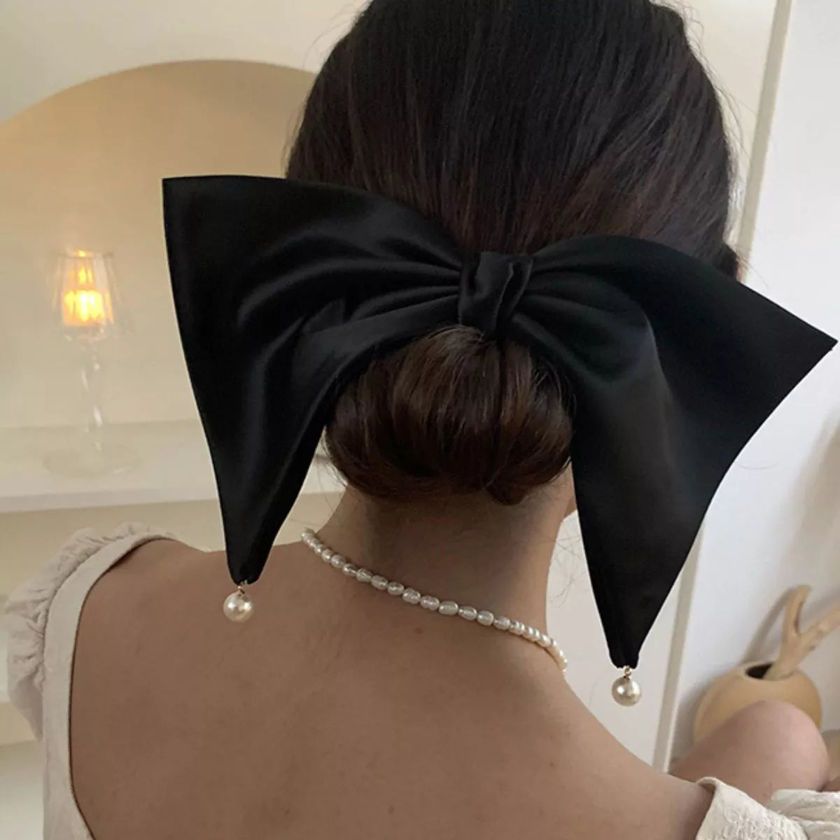 Satin Pearl Bow Hair Clip Black One Size
