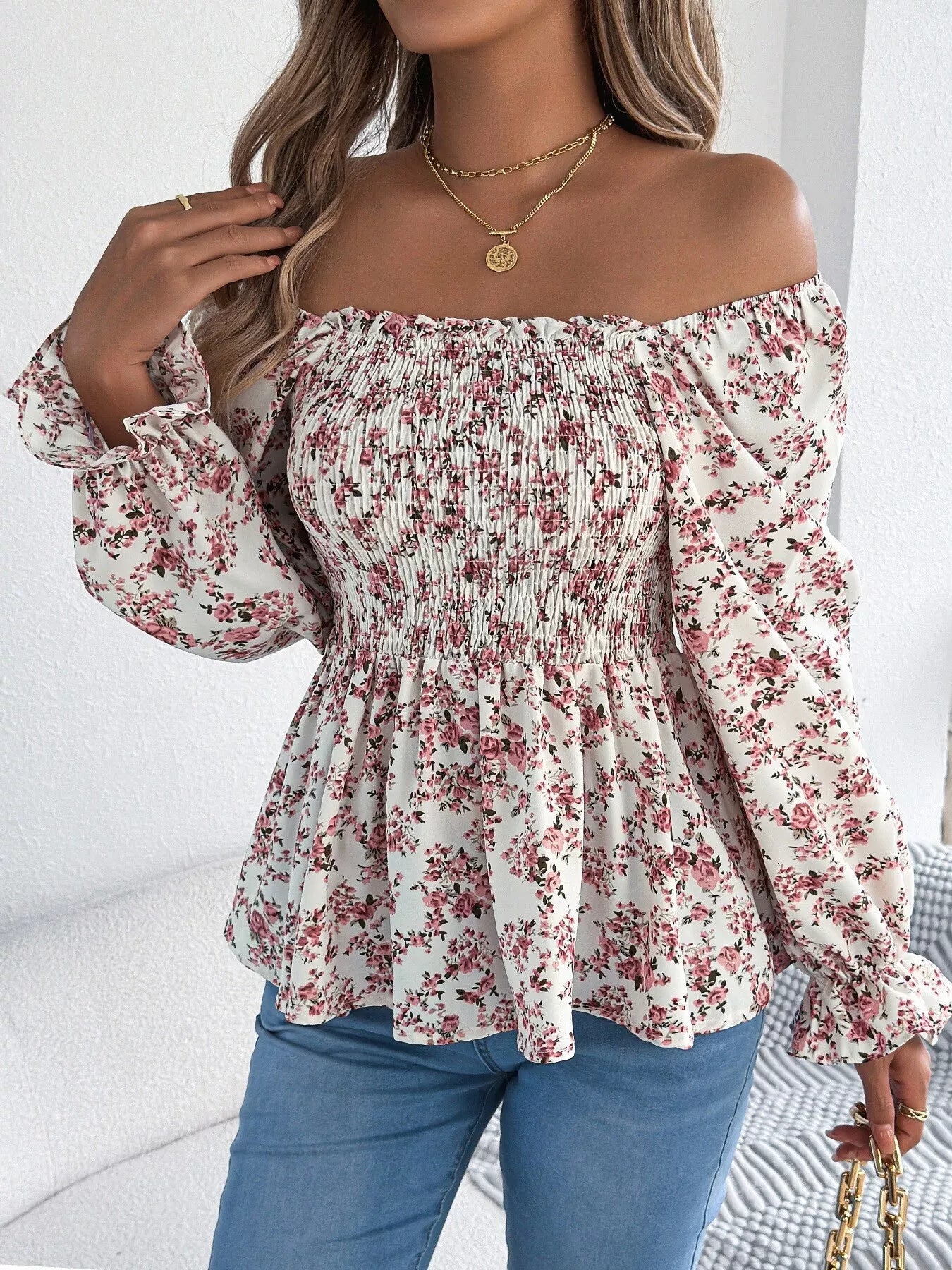 Full Size Floral Print Smocked Long Sleeve Blouse Plus Size